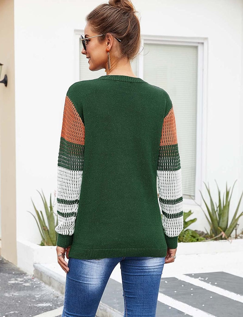koitmy Women's Cute Contrast Sleeve Knitted Pullover Sweater Green - Image 3