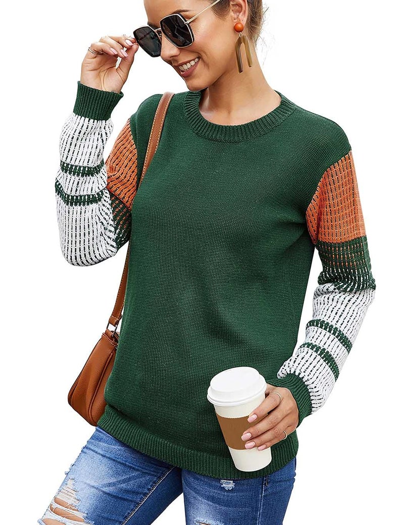 koitmy Women's Cute Contrast Sleeve Knitted Pullover Sweater Green - Image 1