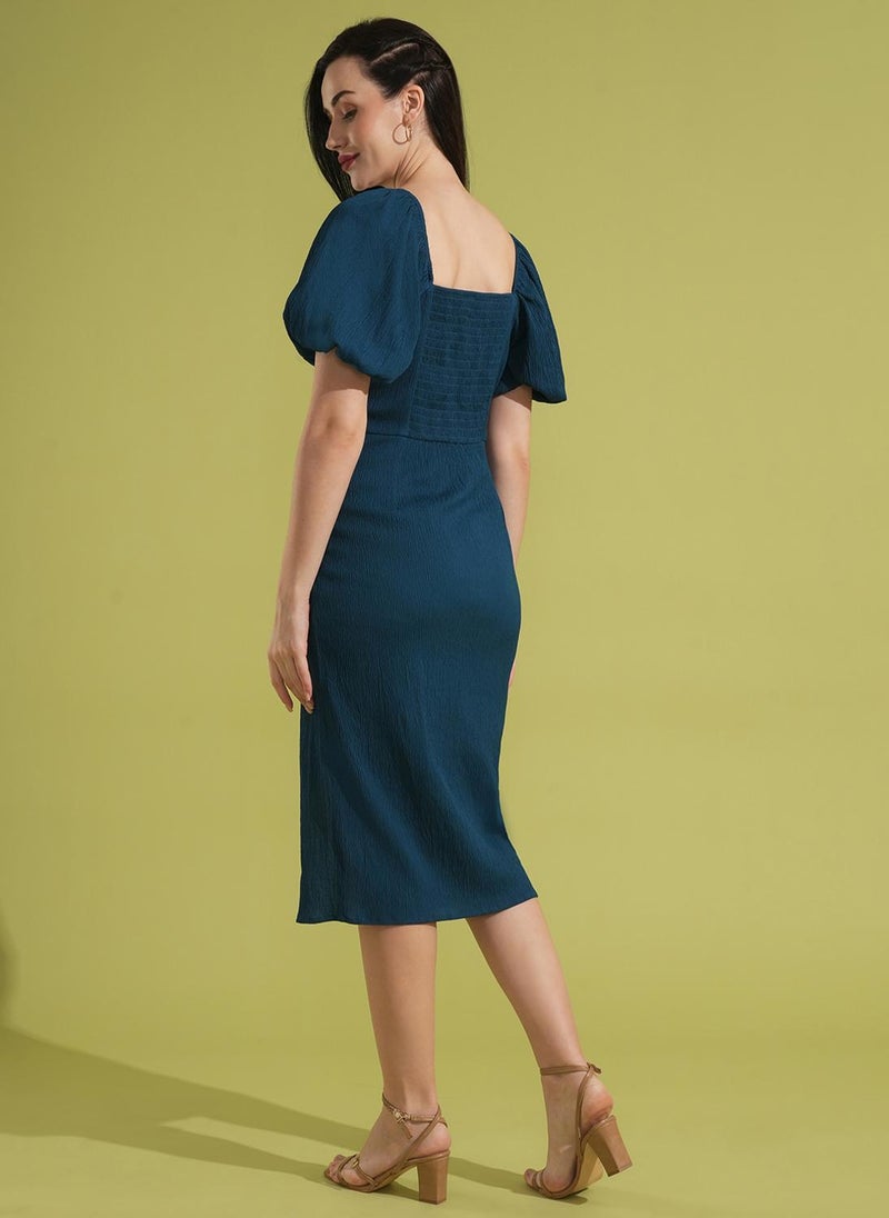 Globus Women's Dress Teal Party with Square Neck and Puff Sleeves - Image 4