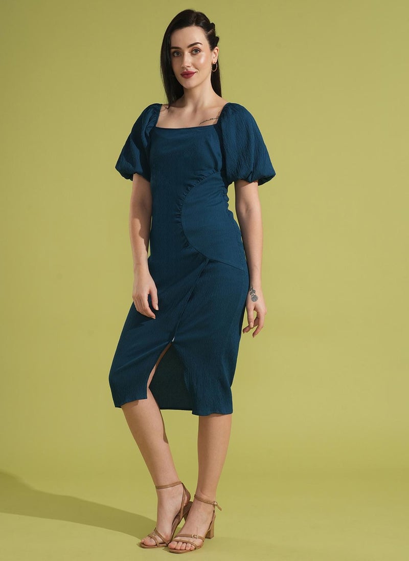 Globus Women's Dress Teal Party with Square Neck and Puff Sleeves - Image 3