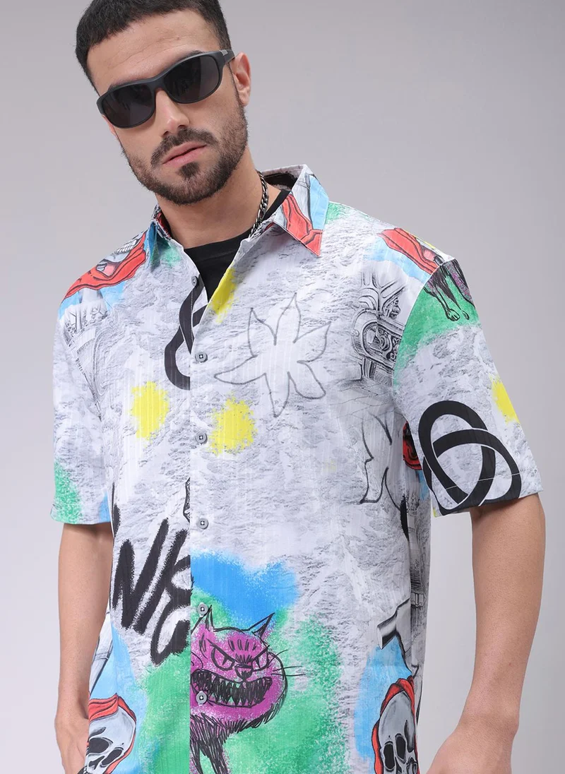 Men Boxy Fit Character Printed Half Sleeves Cutaway Collar Street Wear Shirt