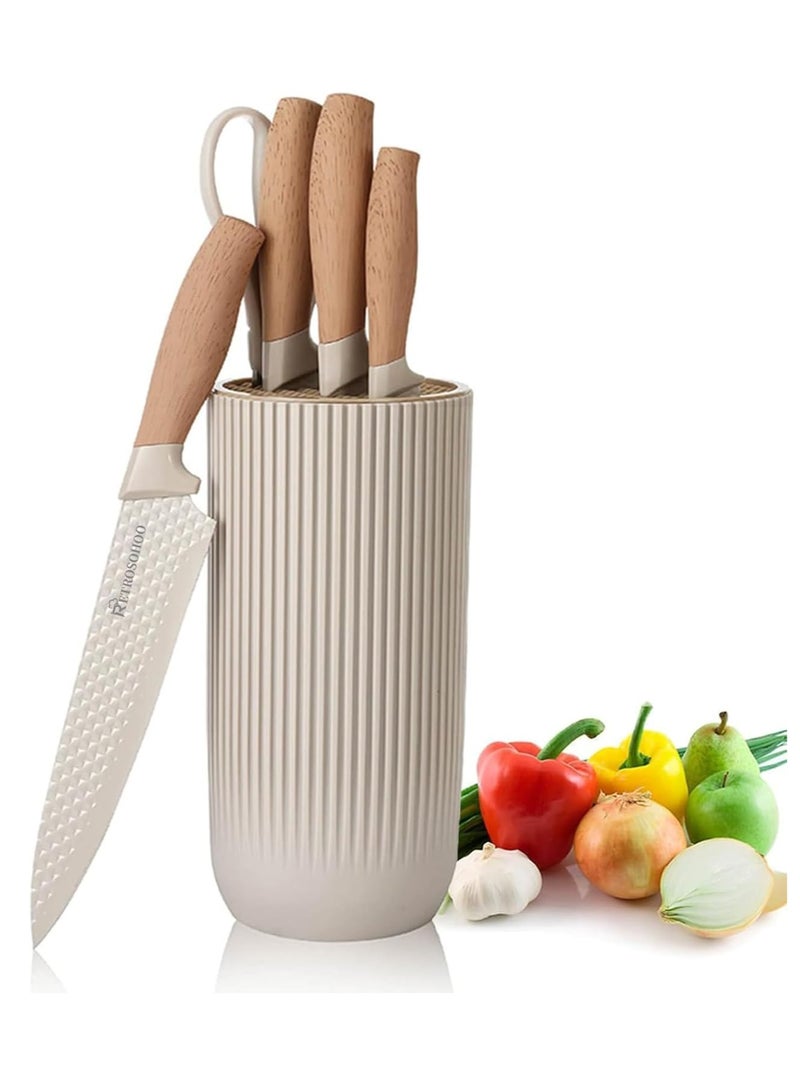 Raxoom Kitchen Knife Set, 6-Pieces Khaki Sharp Knife Set for Kitchen, Non-stick Non-slip Stainless Steel Chef Knife Set with Universal Knife Block Suitable for Home Restaurant (Khaki) - Image 1
