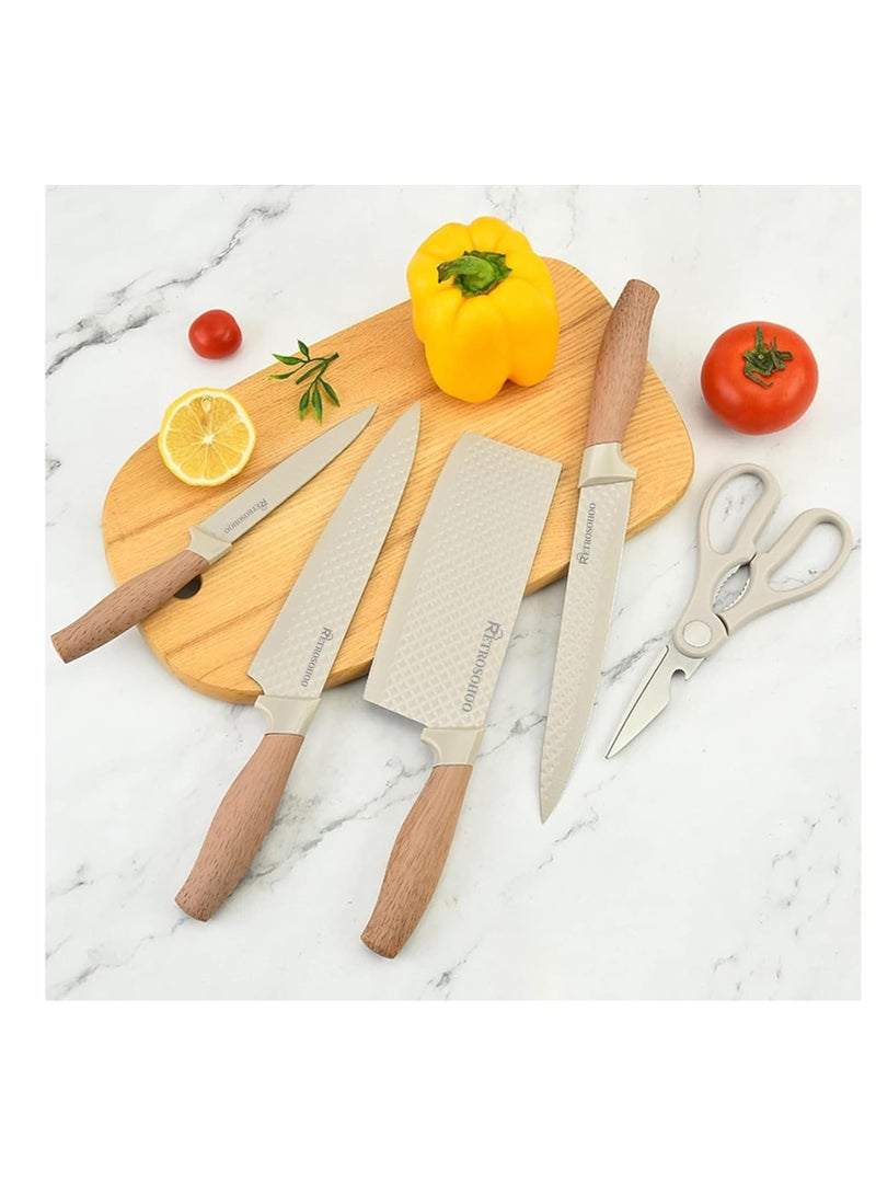 Raxoom Kitchen Knife Set, 6-Pieces Khaki Sharp Knife Set for Kitchen, Non-stick Non-slip Stainless Steel Chef Knife Set with Universal Knife Block Suitable for Home Restaurant (Khaki) - Image 2