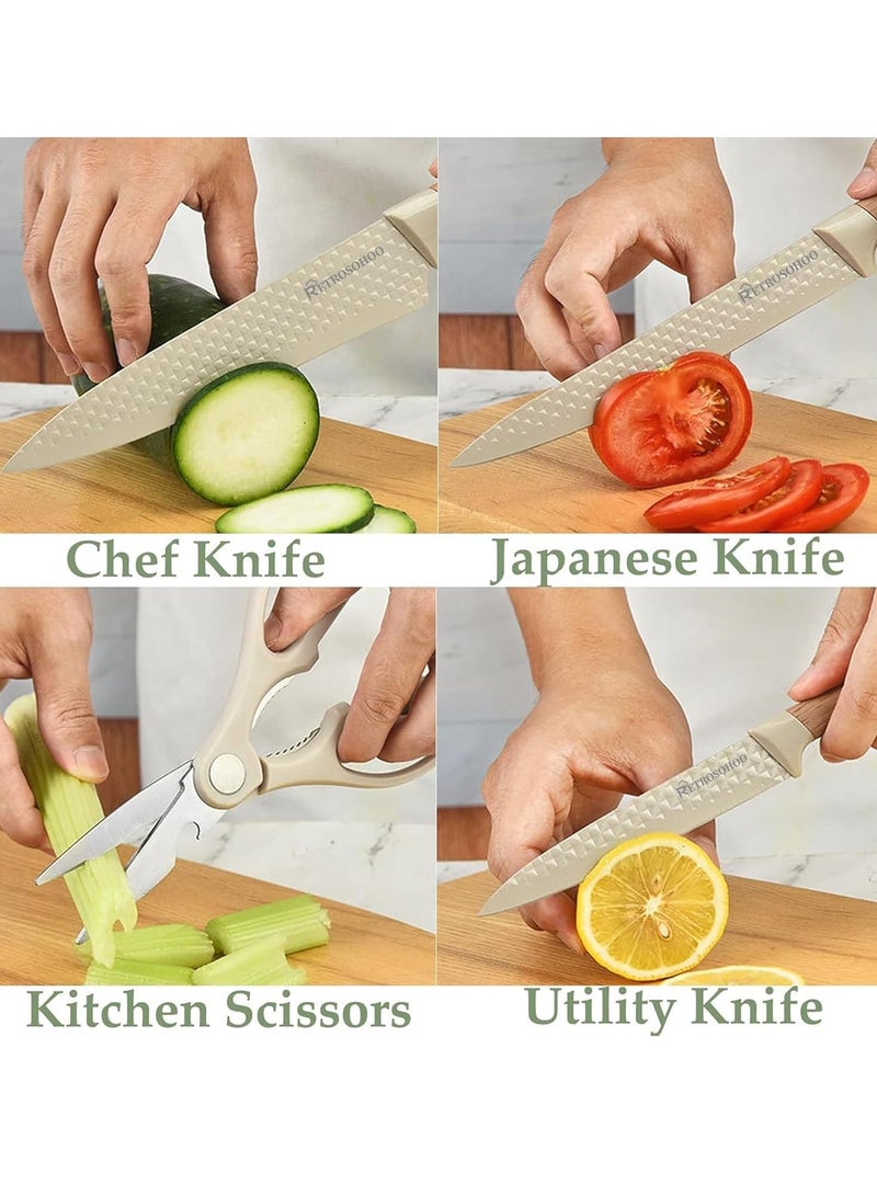 Raxoom Kitchen Knife Set, 6-Pieces Khaki Sharp Knife Set for Kitchen, Non-stick Non-slip Stainless Steel Chef Knife Set with Universal Knife Block Suitable for Home Restaurant (Khaki) - Image 4