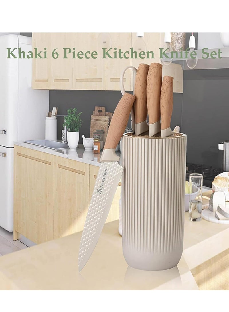 Raxoom Kitchen Knife Set, 6-Pieces Khaki Sharp Knife Set for Kitchen, Non-stick Non-slip Stainless Steel Chef Knife Set with Universal Knife Block Suitable for Home Restaurant (Khaki) - Image 5