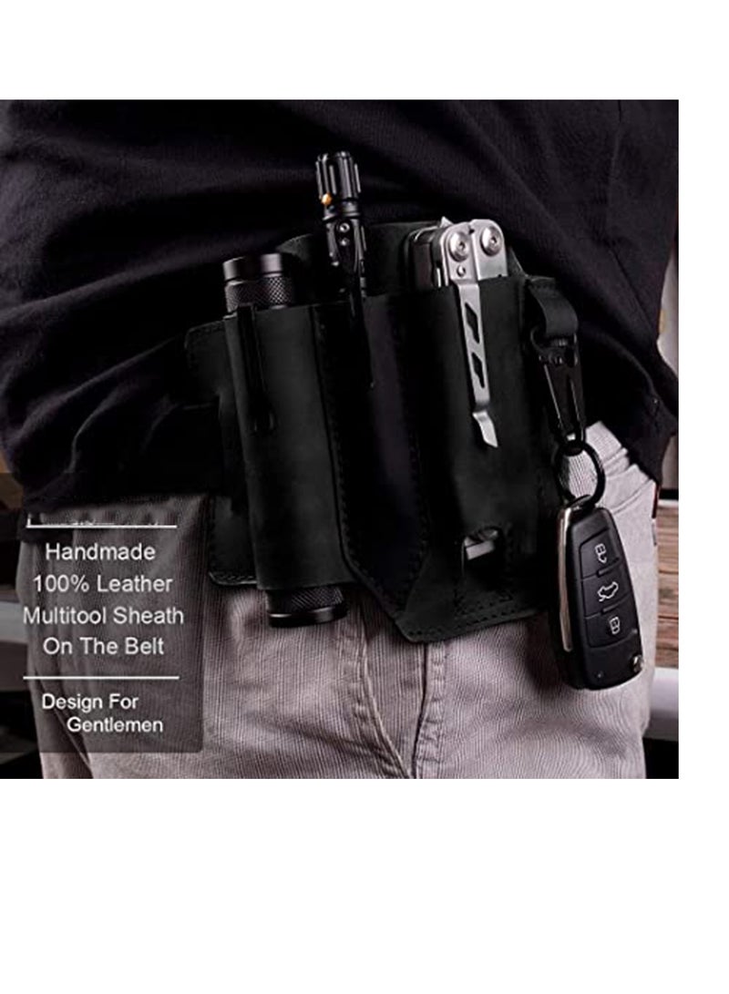 SYOSI Multitool Sheath for Belt, Leather EDC Pocket Organizer for Men, Leather Man Sheath with Pen Holder, Key Fob Flashlight Sheath Flashlight Multitool Knives Pen EDC Leather Pouch Black - Image 2
