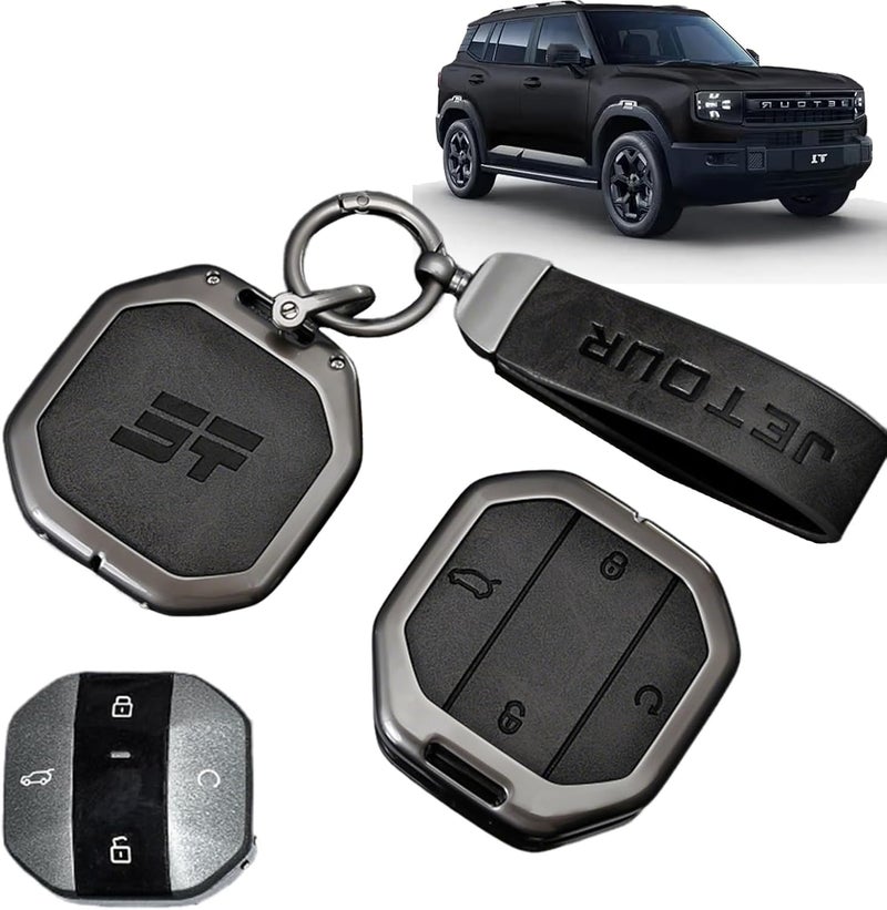 for Jetour T1 T2 Key Cover 2025 2026, Durable Alloy Metal Key Protector Case Anti-Fall & Wear-Resistant, Car Keychain Accessory Compatible with Jetour T1 T2 Traveller Keys (Black) - Image 1