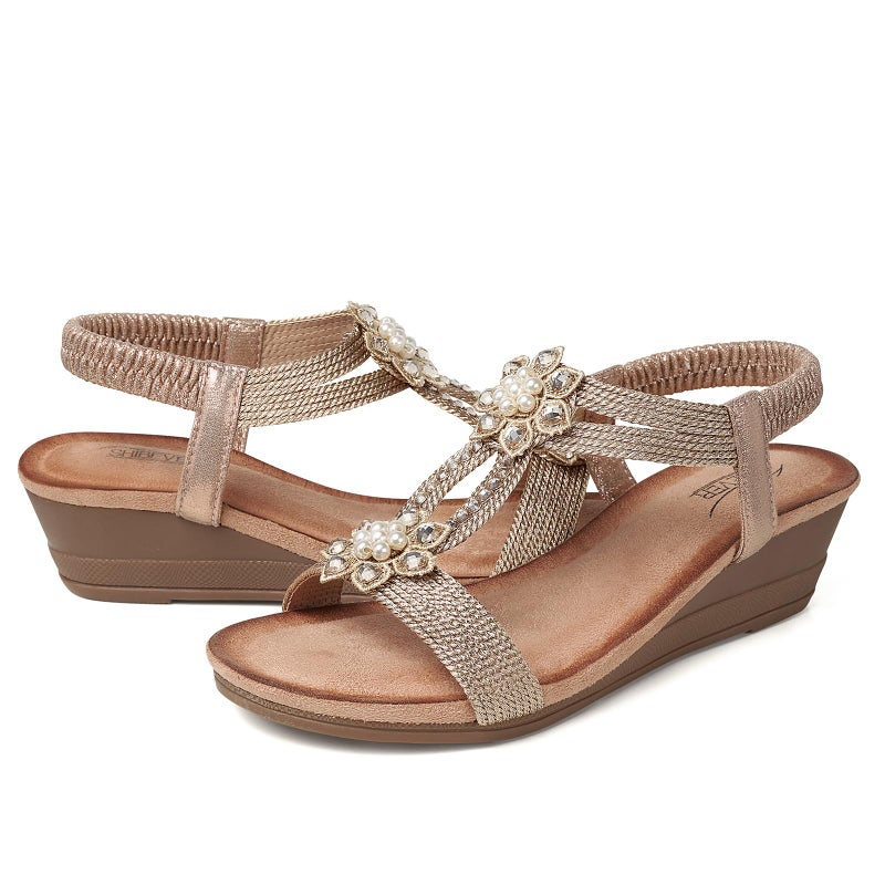 SHIBEVER Platform Sandals for Women Flower Rhinestone Low Heel Platform Sandals Elastic Ankle Strap Open Toe Dressy Summer Comfortable Shoes Champagne 8 - Image 4