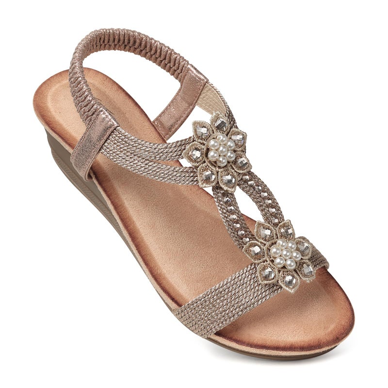 SHIBEVER Platform Sandals for Women Flower Rhinestone Low Heel Platform Sandals Elastic Ankle Strap Open Toe Dressy Summer Comfortable Shoes Champagne 8 - Image 1