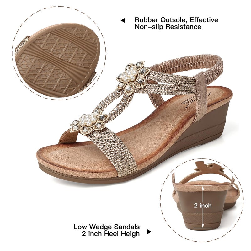 SHIBEVER Platform Sandals for Women Flower Rhinestone Low Heel Platform Sandals Elastic Ankle Strap Open Toe Dressy Summer Comfortable Shoes Champagne 8 - Image 5