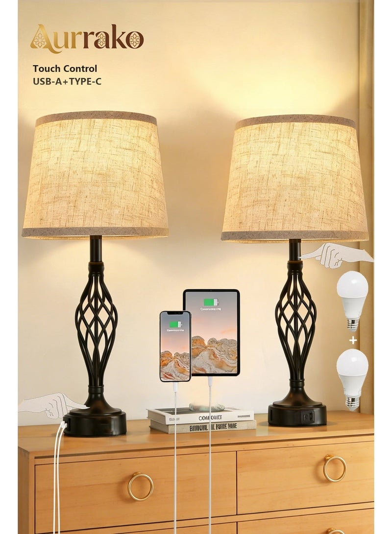 Aurrako 2 Table Bedside Lamps with USB C+A Ports, Touch Control Living Room Table Light with USB-A+Type-c Outlet, 3-Way Dimmable Bedside Lamps for Nightstand, Modern Metal Bedroom Lamp for End Table(Included 2 Bulbs) - Image 1