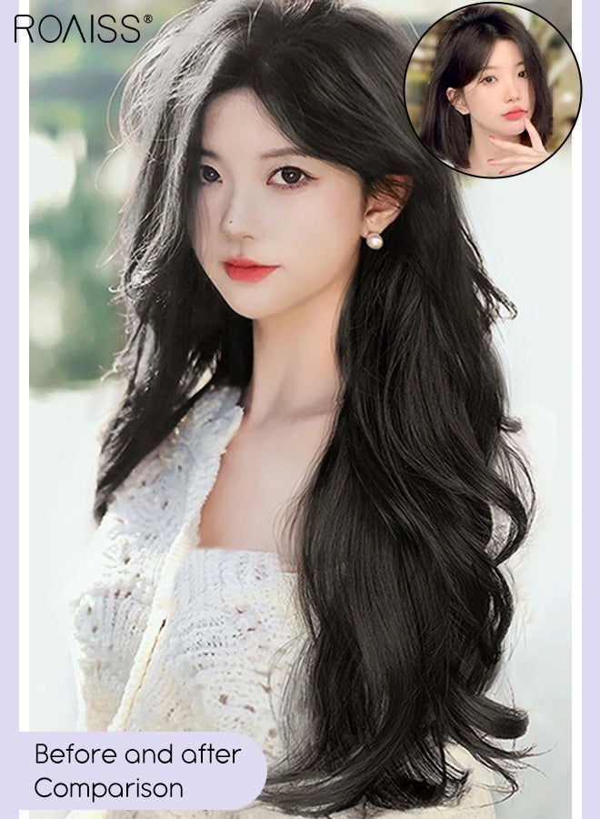 roaiss 3Pcs Clip in Curly Hair Extensions, Invisible Adjustable Long Curly Synthetic Heat Resistant Hairpieces for Women Girls, Black Brown, 50cm - Image 2