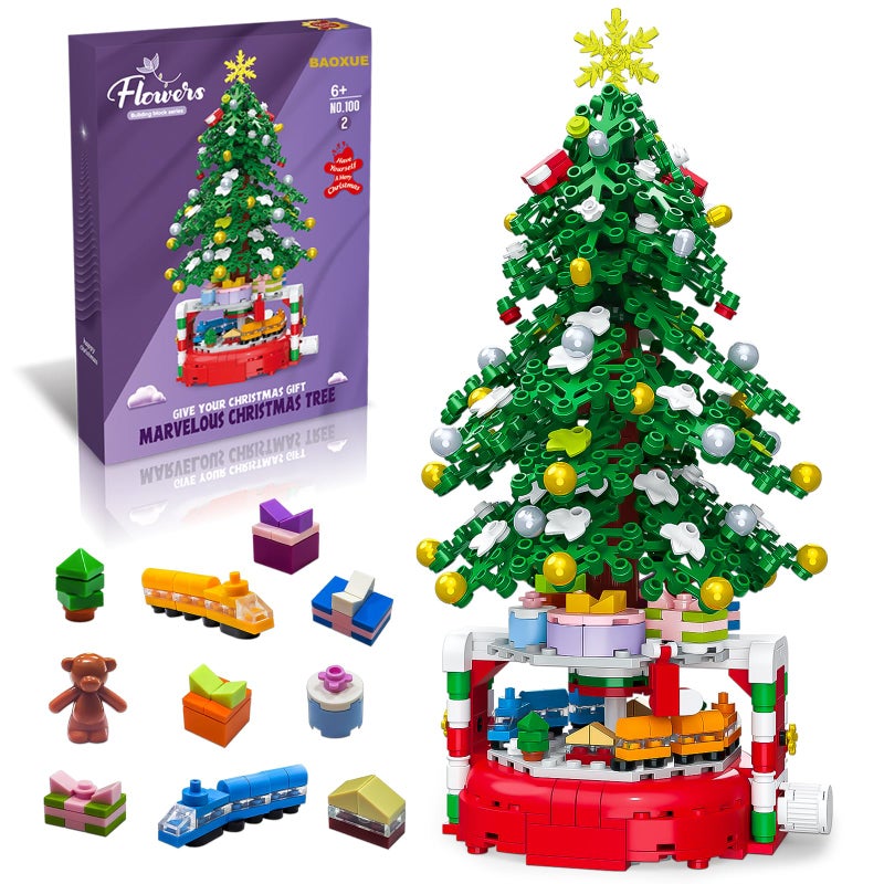 BAOXUE Christmas Tree Building Block Set 515 Pieces Rotating Base with Ornaments and Star Holiday Building Toy Stocking Stuffers for Kids Gifts for Boys Girls - Image 3