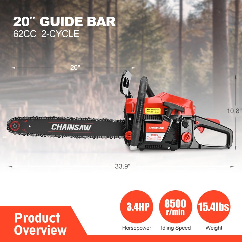 TECHMOO 62CC Gas Chainsaw, 20 Inch Power Chain Saw, 2-Cycle Handed Petrol Chainsaws Gasoline Chainsaws Garden Tool for Cutting Trees, Wood, Outdoor Home Garden and Farm Use - Image 2