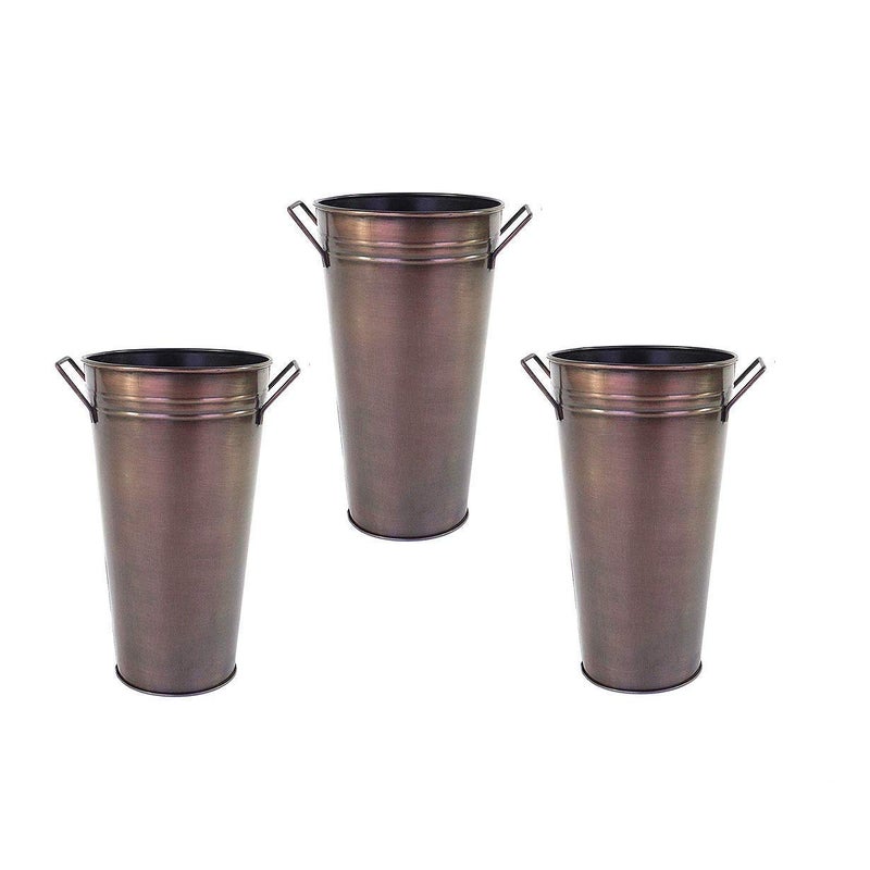 Hosley Elevate Your Decor with a Set of 3 Antique Bronze Galvanized Floral Vases French Buckets 9 Inches High with Handles Vintage-Inspired Rustic Elegance for Home  Events  and Weddings - Image 1