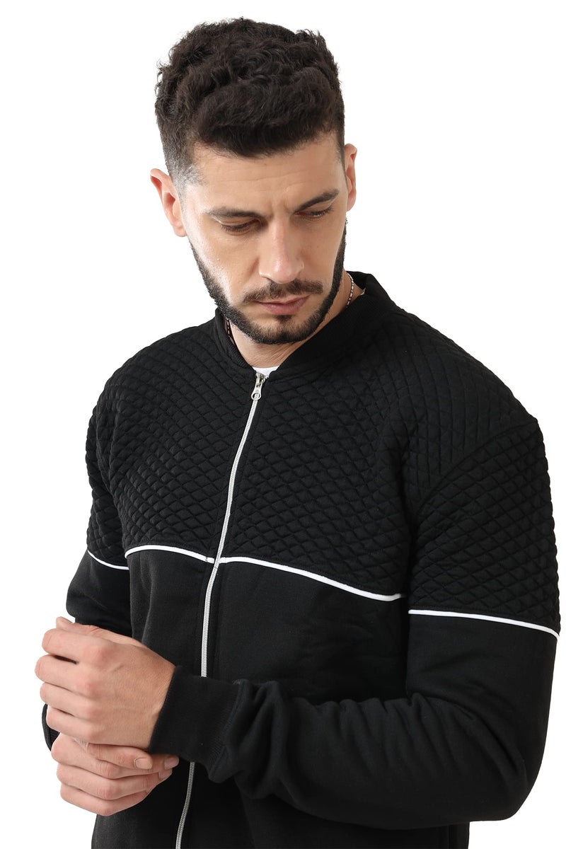 fanideaz Cotton Branded Full Sleeve Diamond Cut Standard Length Bomber Jacket Neck Zipper Sweatshirt For Men_B_2_Large, Black - Image 3