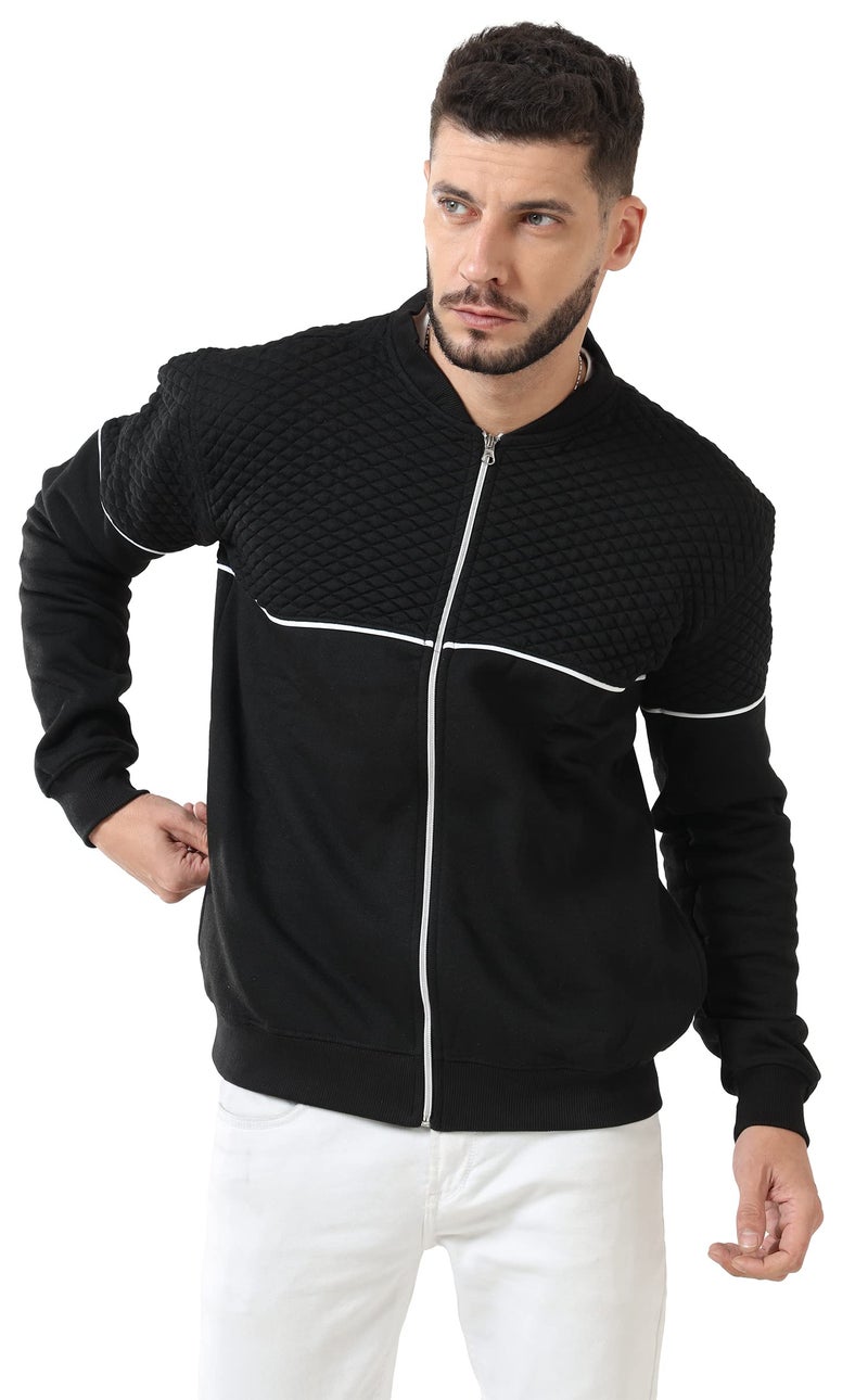 fanideaz Cotton Branded Full Sleeve Diamond Cut Standard Length Bomber Jacket Neck Zipper Sweatshirt For Men_B_2_Large, Black - Image 1