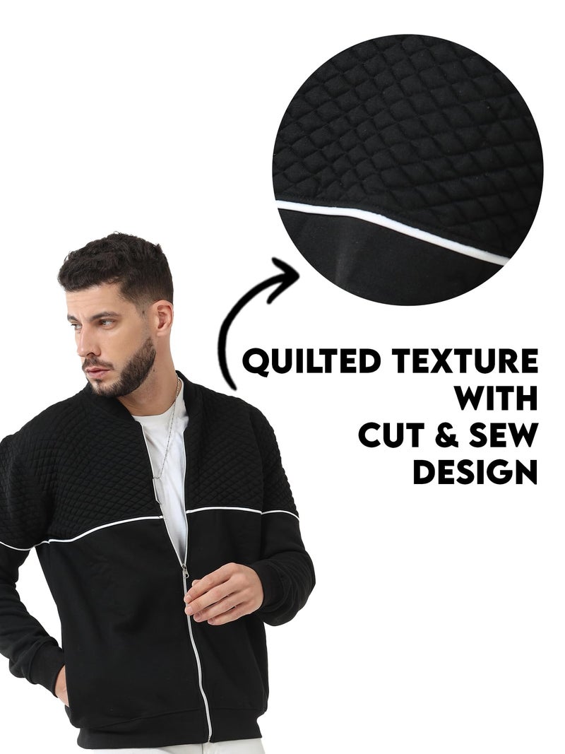 fanideaz Cotton Branded Full Sleeve Diamond Cut Standard Length Bomber Jacket Neck Zipper Sweatshirt For Men_B_2_Large, Black - Image 2