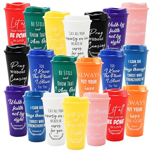 Brvcdh 20 Pack Christian Gift Bulk Reusable Christian Coffee Mugs 16 oz Colorful Bible Verse Plastic Tumblers with Lids Travel Coffee Cup for Cold Drinks Bulk Religious Gifts for Men Women colorful - Image 1