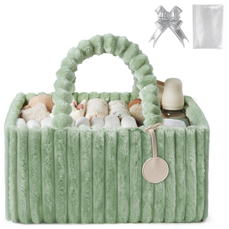 Blissful Diary Flannel Diaper Caddy Organizer included Gift Packaging Cozy Nursery Storage Basket Gift for Baby Shower Newborn Essentials Sage Green - Image 2