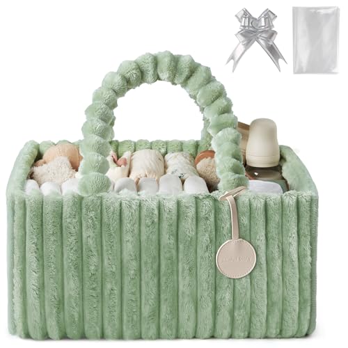 Blissful Diary Flannel Diaper Caddy Organizer included Gift Packaging Cozy Nursery Storage Basket Gift for Baby Shower Newborn Essentials Sage Green - Image 1