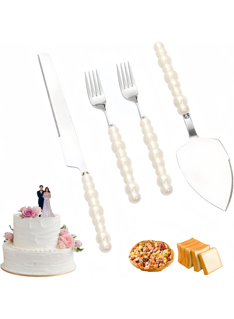 LBMT 4 PCS Pearl Wedding Cake Knife and Server Set with Forks, Ceramic Pearl Handle Cake Cutting Set for Wedding, Stainless Steel Pie Cutter Pizza Spatula, Wedding/Birthday/Anniversary Bridal Gift, Engagement Gift for Couples (Silver) - Image 1