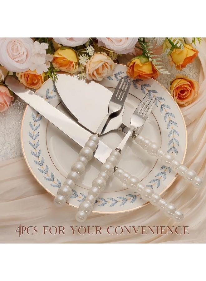 LBMT 4 PCS Pearl Wedding Cake Knife and Server Set with Forks, Ceramic Pearl Handle Cake Cutting Set for Wedding, Stainless Steel Pie Cutter Pizza Spatula, Wedding/Birthday/Anniversary Bridal Gift, Engagement Gift for Couples (Silver) - Image 2