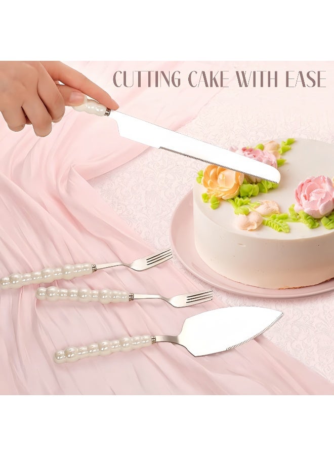 LBMT 4 PCS Pearl Wedding Cake Knife and Server Set with Forks, Ceramic Pearl Handle Cake Cutting Set for Wedding, Stainless Steel Pie Cutter Pizza Spatula, Wedding/Birthday/Anniversary Bridal Gift, Engagement Gift for Couples (Silver) - Image 4