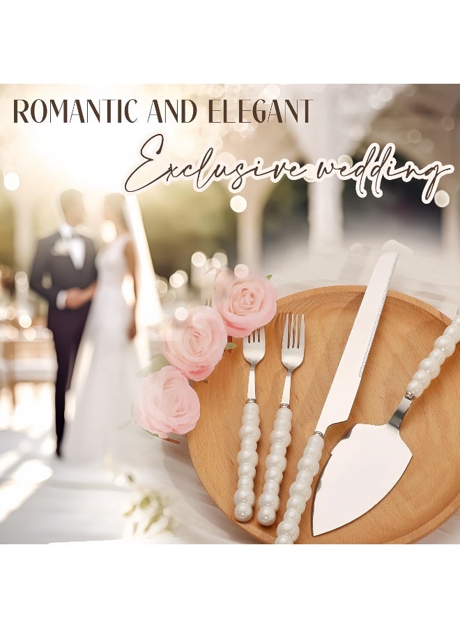 LBMT 4 PCS Pearl Wedding Cake Knife and Server Set with Forks, Ceramic Pearl Handle Cake Cutting Set for Wedding, Stainless Steel Pie Cutter Pizza Spatula, Wedding/Birthday/Anniversary Bridal Gift, Engagement Gift for Couples (Silver) - Image 3