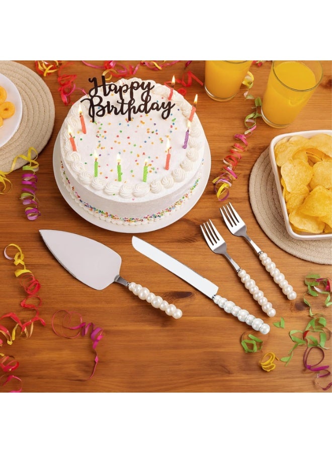 LBMT 4 PCS Pearl Wedding Cake Knife and Server Set with Forks, Ceramic Pearl Handle Cake Cutting Set for Wedding, Stainless Steel Pie Cutter Pizza Spatula, Wedding/Birthday/Anniversary Bridal Gift, Engagement Gift for Couples (Silver) - Image 5