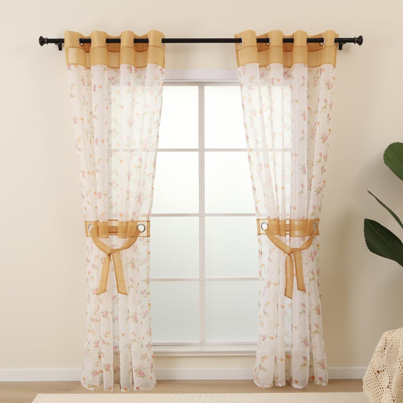 L.Z.E LZE Floral Sheer Curtains for Living Room 84 Inches Long Spring Gold Sheer Window Drapes 2 Panels Set for Dining Room Nursery Lightweight Voile Grommet Curtains with Elegant Design - Image 2