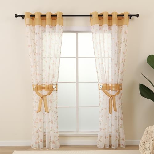L.Z.E LZE Floral Sheer Curtains for Living Room 84 Inches Long Spring Gold Sheer Window Drapes 2 Panels Set for Dining Room Nursery Lightweight Voile Grommet Curtains with Elegant Design - Image 1