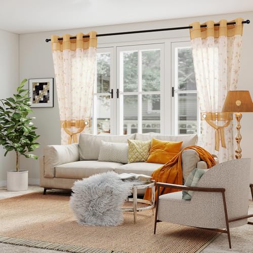 L.Z.E LZE Floral Sheer Curtains for Living Room 84 Inches Long Spring Gold Sheer Window Drapes 2 Panels Set for Dining Room Nursery Lightweight Voile Grommet Curtains with Elegant Design - Image 3