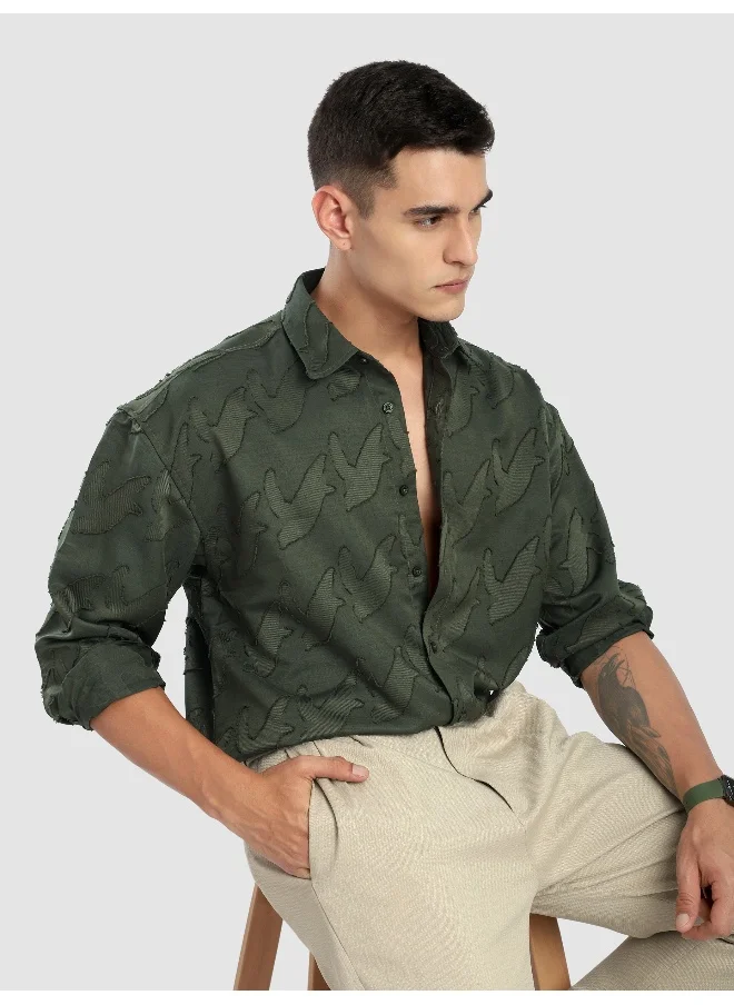 Beyoung Olive Fur Abstract Textured Shirt