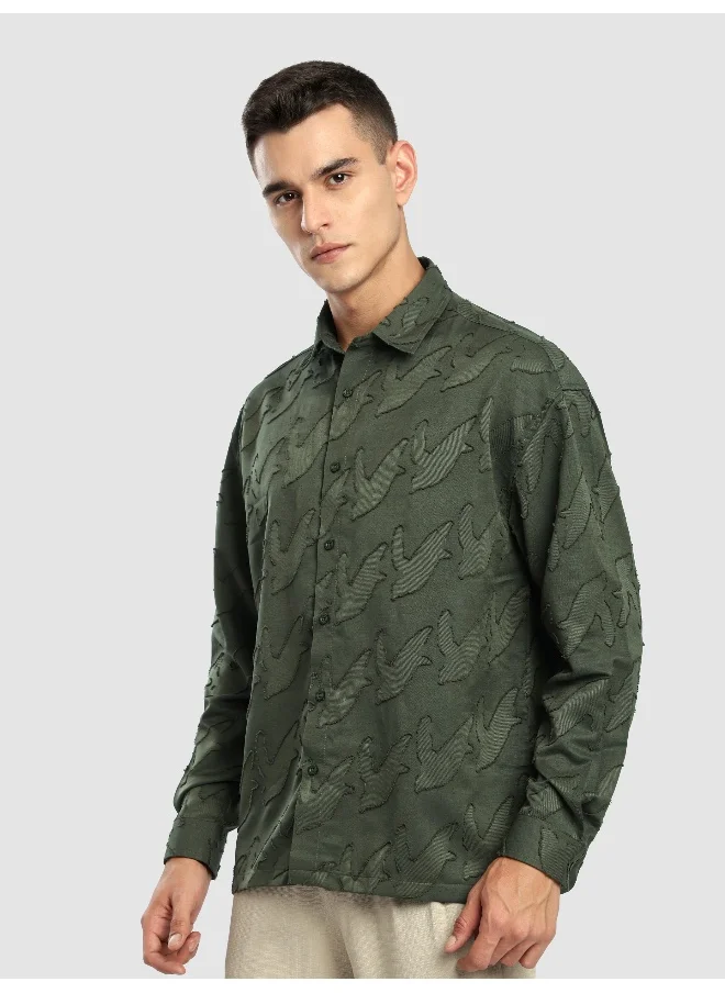 Beyoung Olive Fur Abstract Textured Shirt