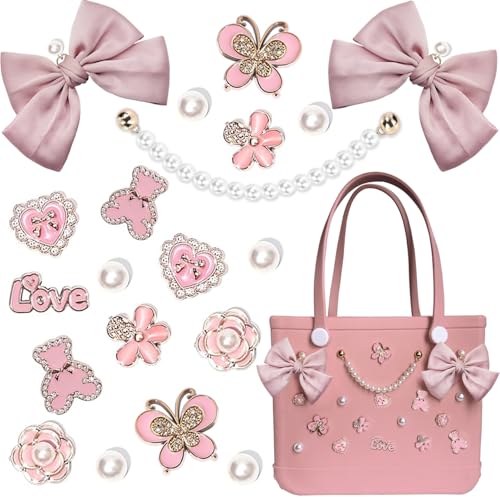 Everfunny Charms for Bogg Bag,Pearls,Butterfly Flowers and Chain for Bogg Bag Accessories Charms(20 pcs) (Pink) - Image 1