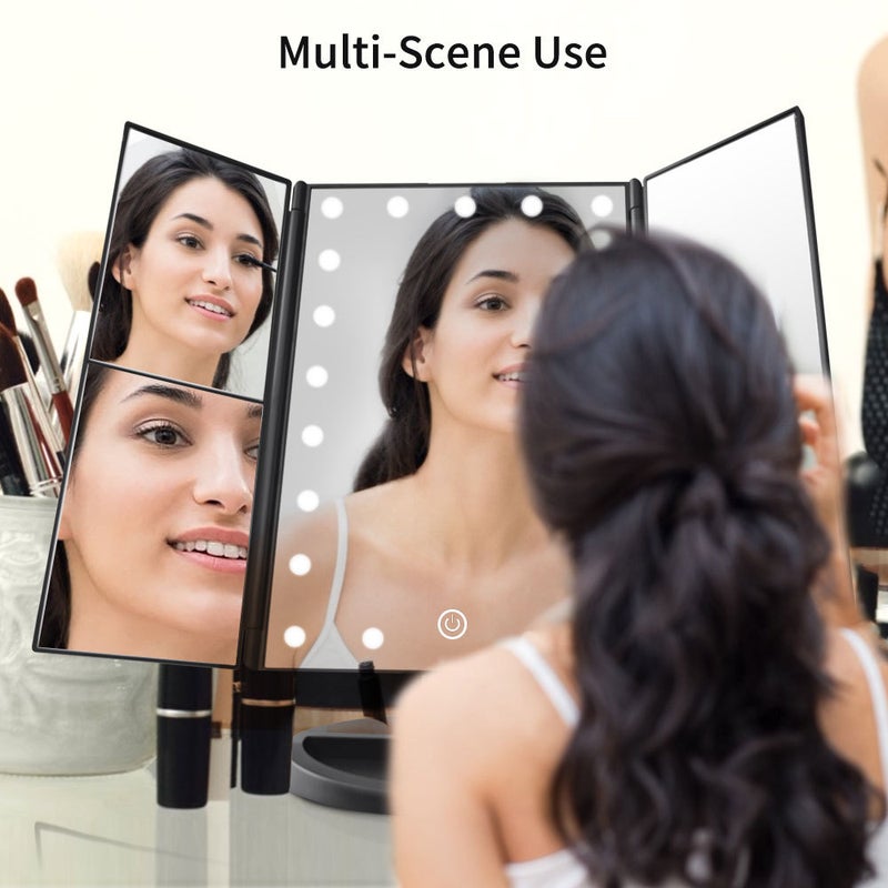 Led Makeup Mirror Portable Folding Desktop Three-Sided Mirror Touch Switch 180 Degree Rotating Mirror Beauty Makeup Mirror - Image 3