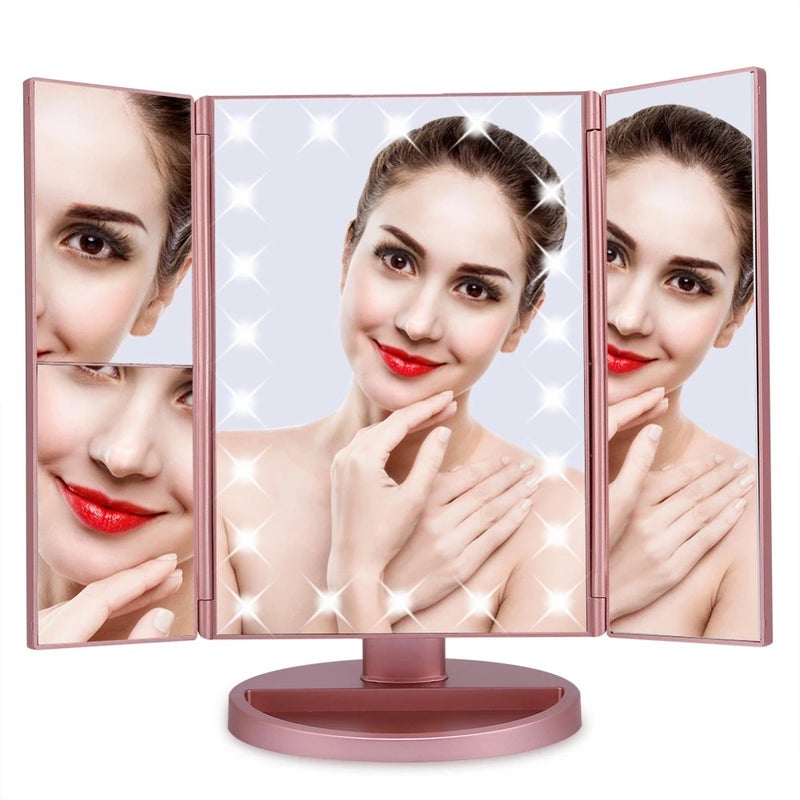 Led Makeup Mirror Portable Folding Desktop Three-Sided Mirror Touch Switch 180 Degree Rotating Mirror Beauty Makeup Mirror - Image 2