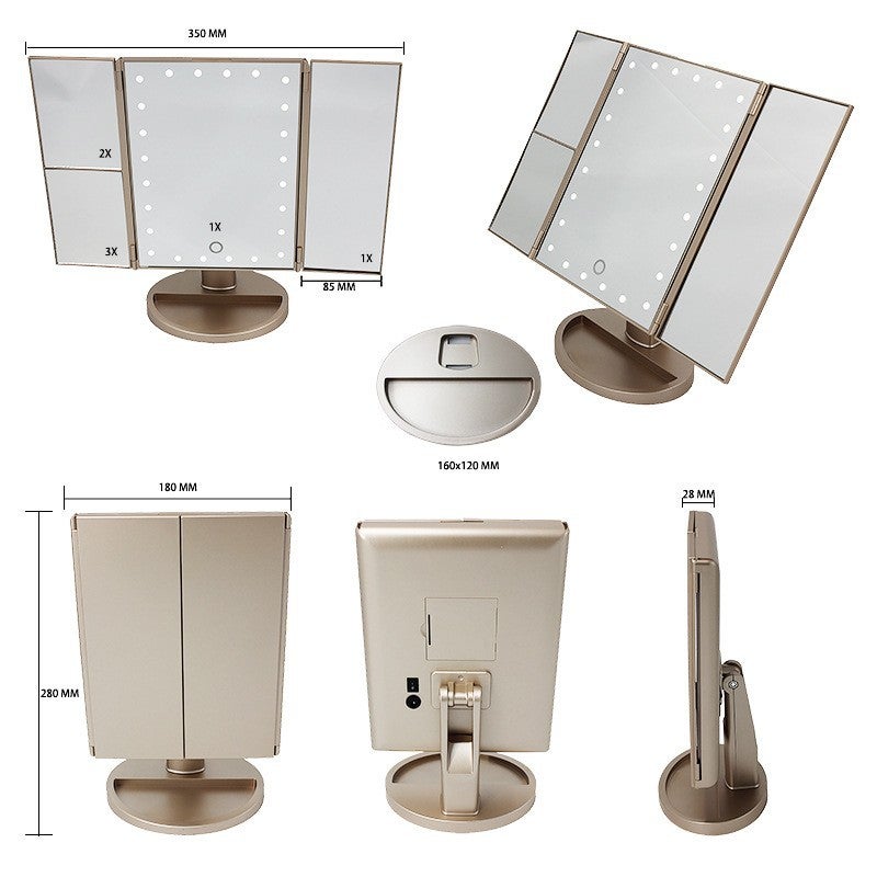 Led Makeup Mirror Portable Folding Desktop Three-Sided Mirror Touch Switch 180 Degree Rotating Mirror Beauty Makeup Mirror - Image 4
