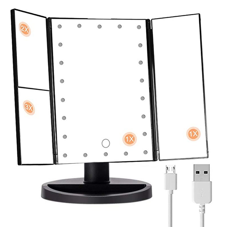 Led Makeup Mirror Portable Folding Desktop Three-Sided Mirror Touch Switch 180 Degree Rotating Mirror Beauty Makeup Mirror - Image 1