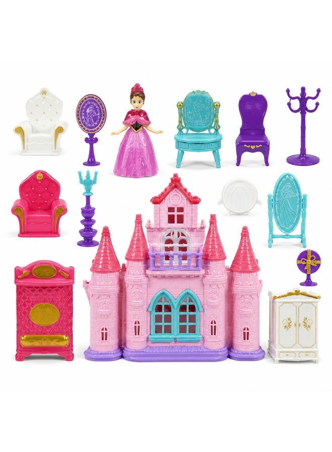 Princess Castle Playset with Doll and Furniture Accessories – Pink Toy Castle Dollhouse with Wardrobe, Chairs, Vanity Mirror, and Royal Accents – Creative Pretend Play Toy Gift for Girls Toddlers