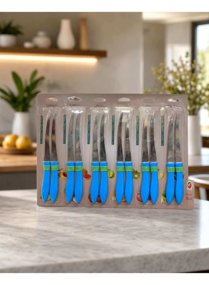 Cressini Stainless Steel Fruit Knife Set with Ergonomic Plastic Handle, 12 Pieces, Blue
