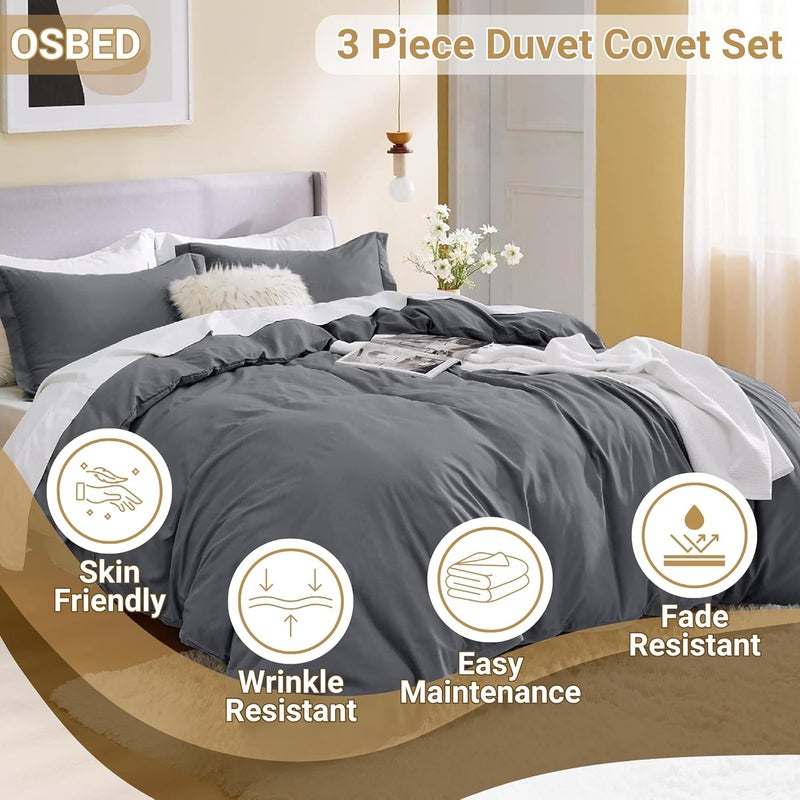 OSBED Luxury 3 Piece Duvet Cover Set - 100% Cotton, Grey, 180 x 200cm - Image 3