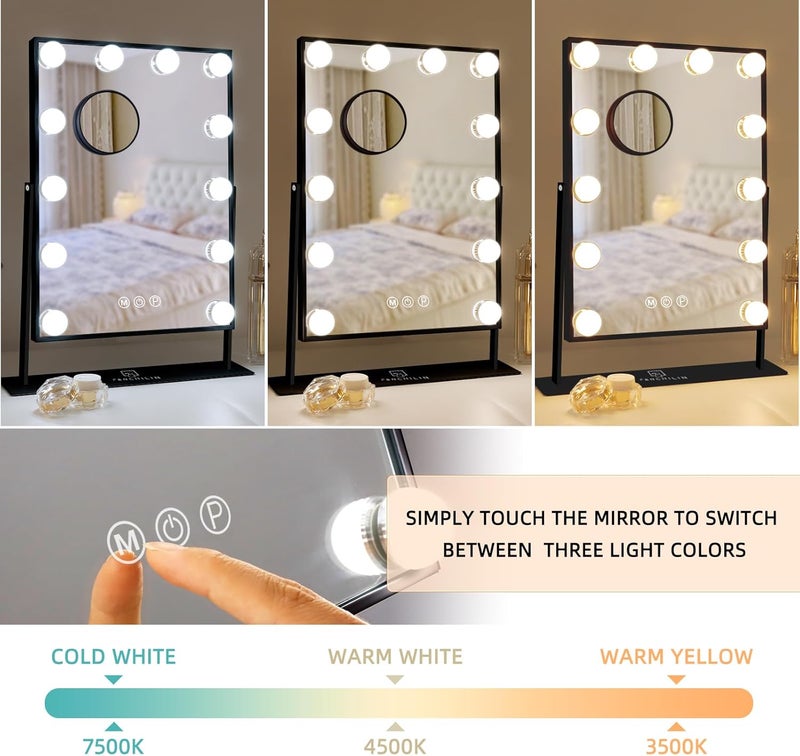 FENCHILIN Make-up Mirror with Lighting, 12 LED Illuminated Hollywood Mirror, 360° Rotatable, 10x Magnification, 3 Colour Lighting Modes, Black, 30 x 41 cm - Image 3