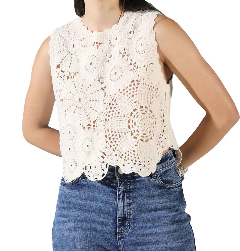 ICW Women Cotton Embroidery Sleeveless Knit Boho Crochet Vest Crop Cami Tank Top 157(in,Alpha,XS,Regular,Apricot),Orange - Image 1