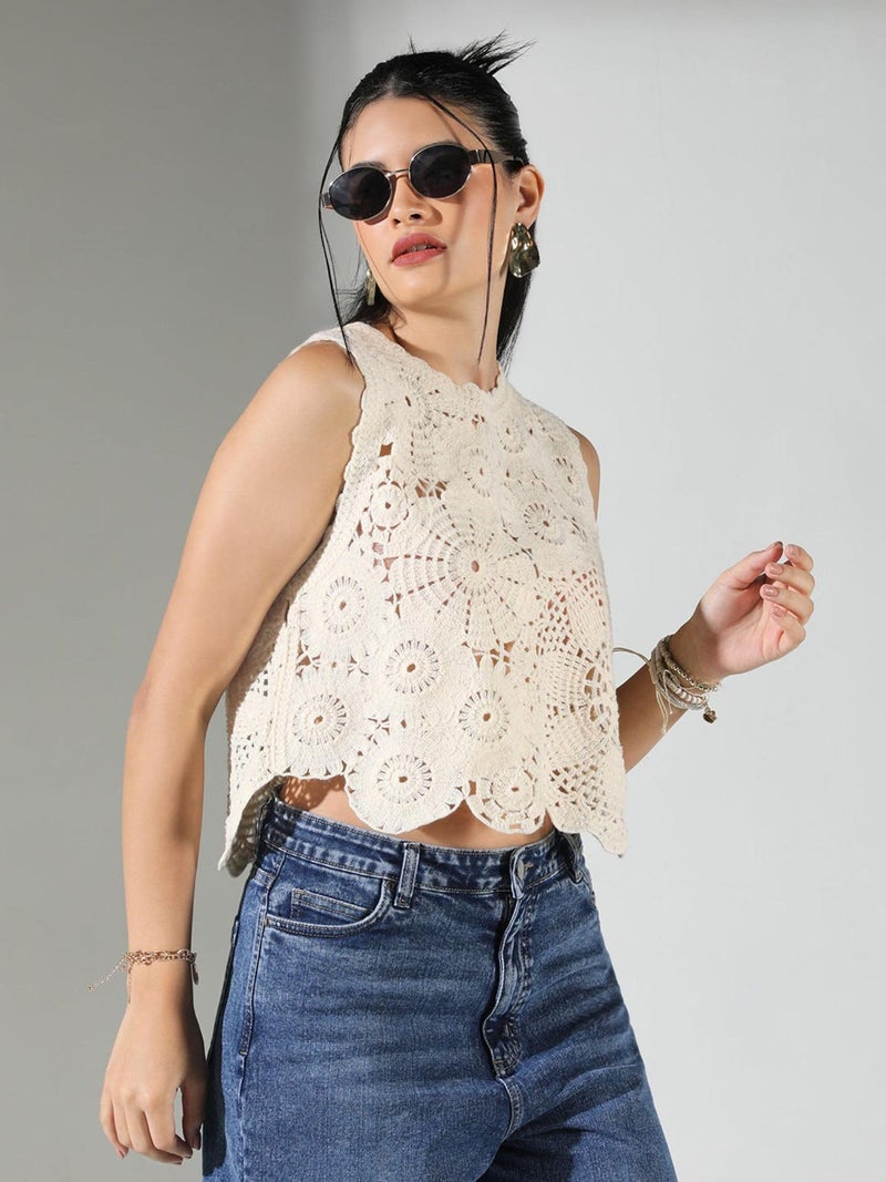 ICW Women Cotton Embroidery Sleeveless Knit Boho Crochet Vest Crop Cami Tank Top 157(in,Alpha,XS,Regular,Apricot),Orange - Image 2