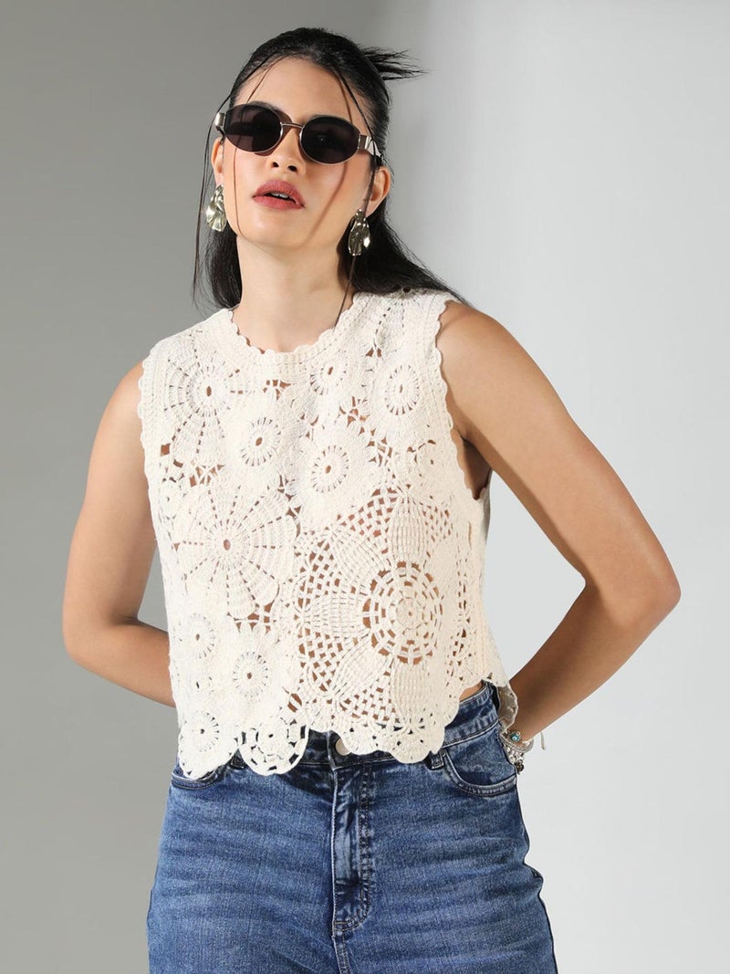 ICW Women Cotton Embroidery Sleeveless Knit Boho Crochet Vest Crop Cami Tank Top 157(in,Alpha,XS,Regular,Apricot),Orange - Image 5