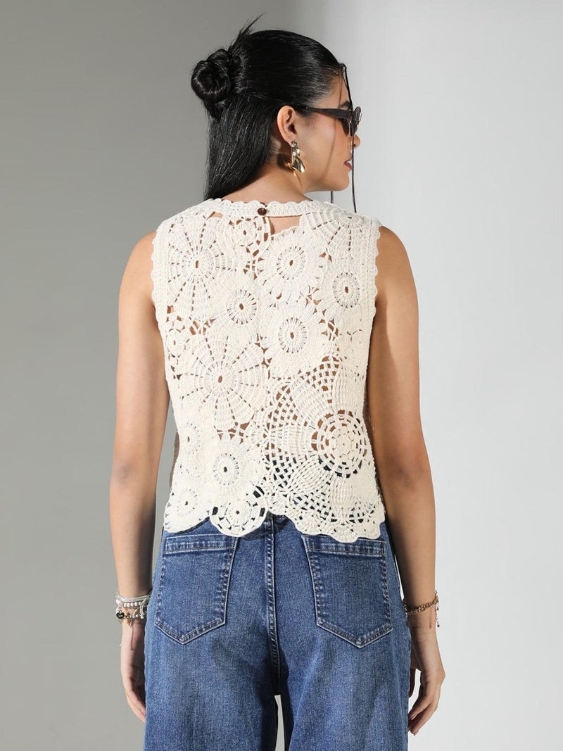 ICW Women Cotton Embroidery Sleeveless Knit Boho Crochet Vest Crop Cami Tank Top 157(in,Alpha,XS,Regular,Apricot),Orange - Image 3