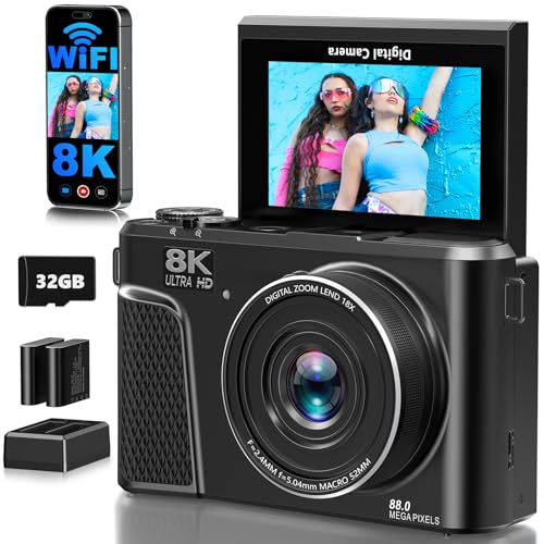 Gavonde 8K Digital Camera for Photography, 88MP WiFi Vlogging Camera for YouTube with 18X Digital Zoom & 3" 180°Flip Screen, Autofocus Vlog Cameras with Lens Cap, 32GB Card, 2 Batteries(Gunmetal) - Image 1
