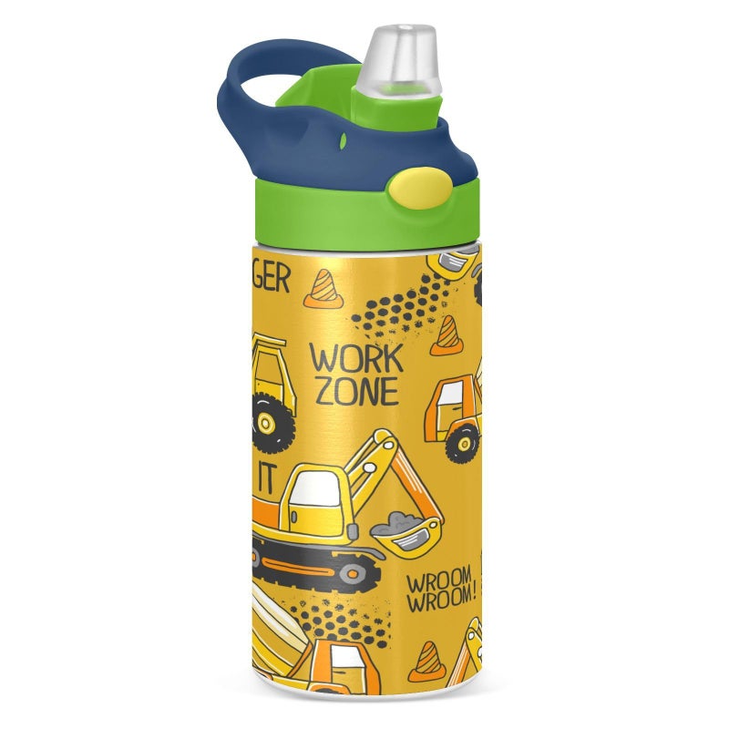 Boccsty Tractor Yellow Truck Kids Water Bottle with Straw Lid Construction Machines Insulated Stainless Steel Reusable Tumbler for Boys Girls Toddlers 12 oz Green